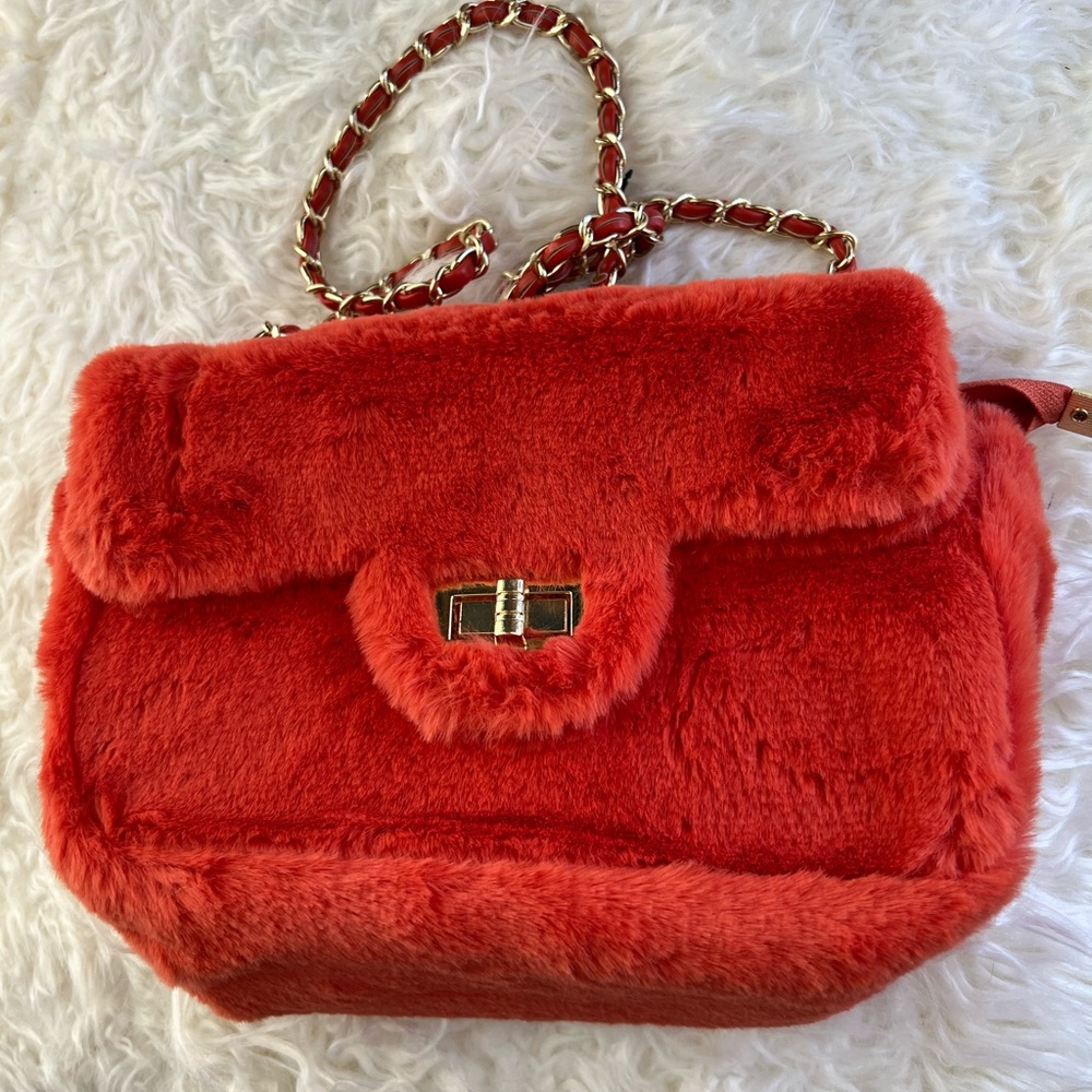 Orange Faux Fur Shoulder Bag with Gold Chain